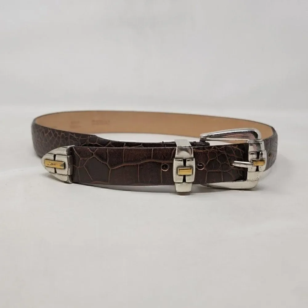 TULLIANI MENS BROWN ITALIAN CALFSKIN CROC EMBOSSED LEATHER BELT SIZE SMALL 32